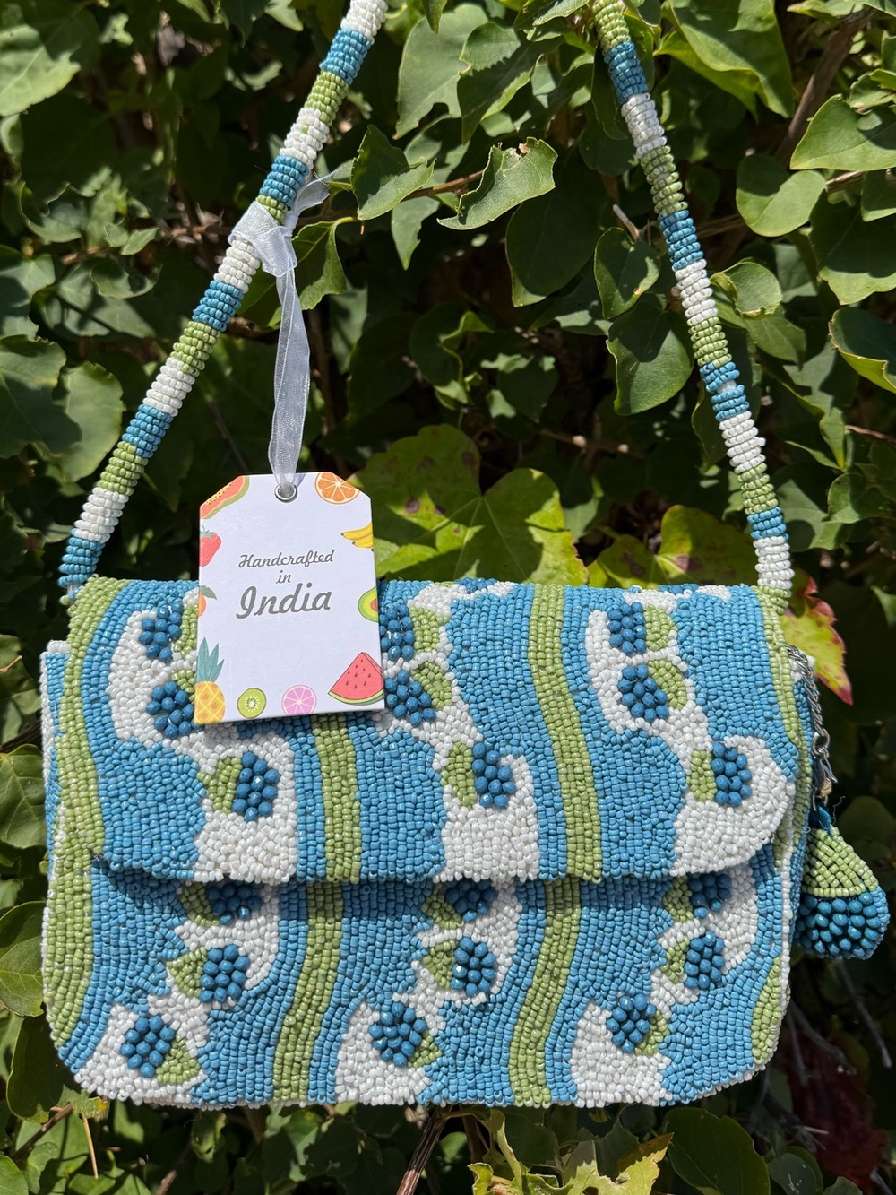 NWT Handcrafted Made in India Blueberry Wavy Striped Beaded Shoulder Bag w Charm